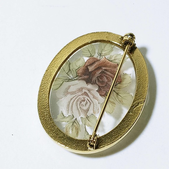 Vintage Clear Glass Rose Brooch 1.5" Gold Rim Flower (jb3) - Picture 5 of 5